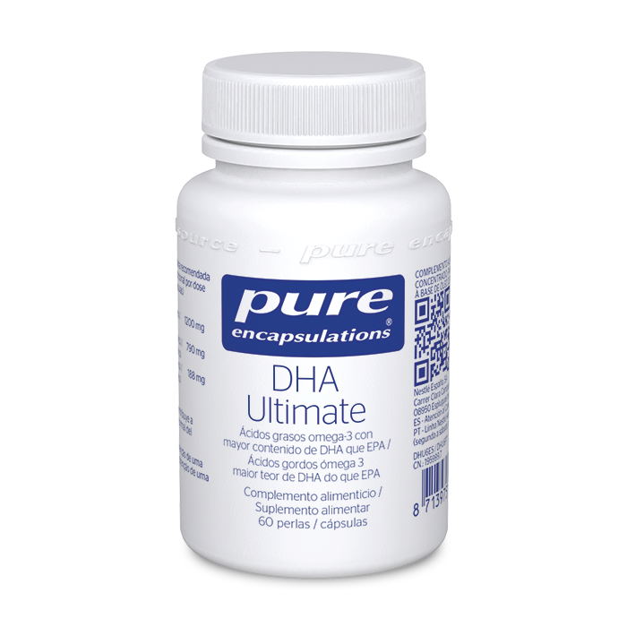 Complemento alimenticio DHA Ultimate Ácidos grasos omega-3 con mayor contenido de DHA que EPA 60 perlas Pure Encapsulations.